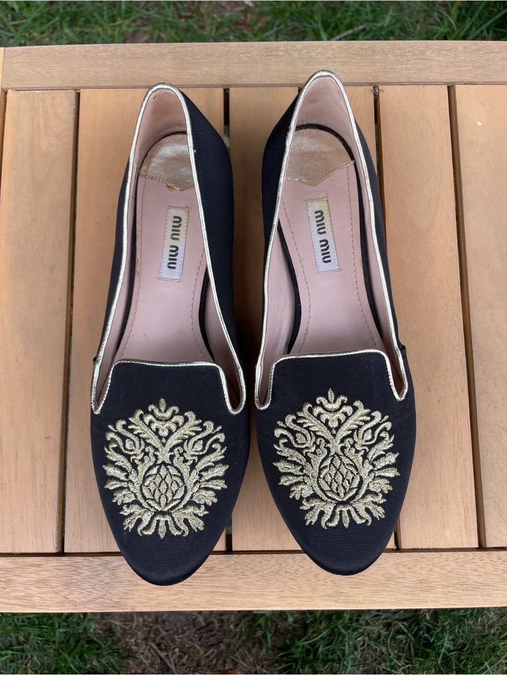 Miu Miu Black Flats with Metallic Gold Embroidery